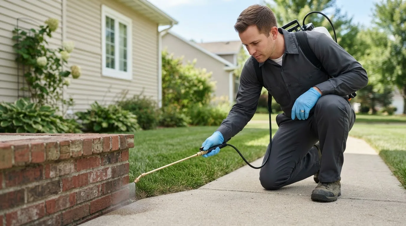Pest control technician treating a home near North Billerica, MA